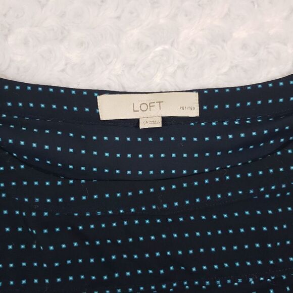 Loft petites size small sheer navy blouse with teal dots and sleeve buttons - Picture 6 of 6